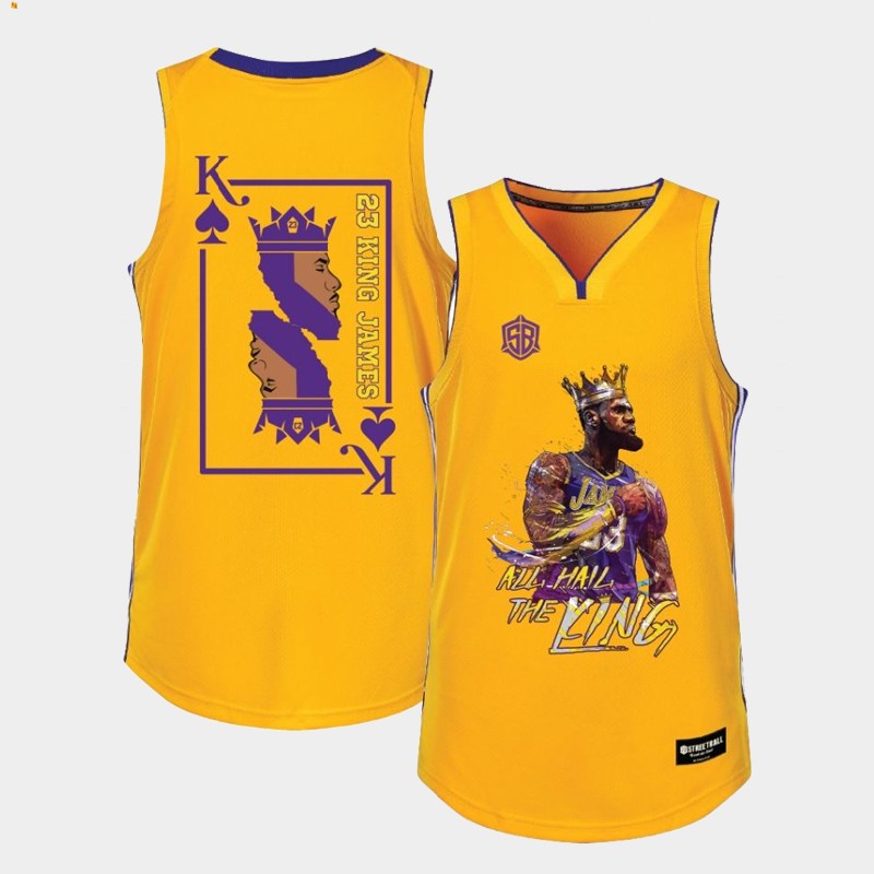 Men's Los Angeles Lakers LeBron James #23 NBA All Hail the King Yellow Nickname Gold Basketball Jersey JLS8683LT